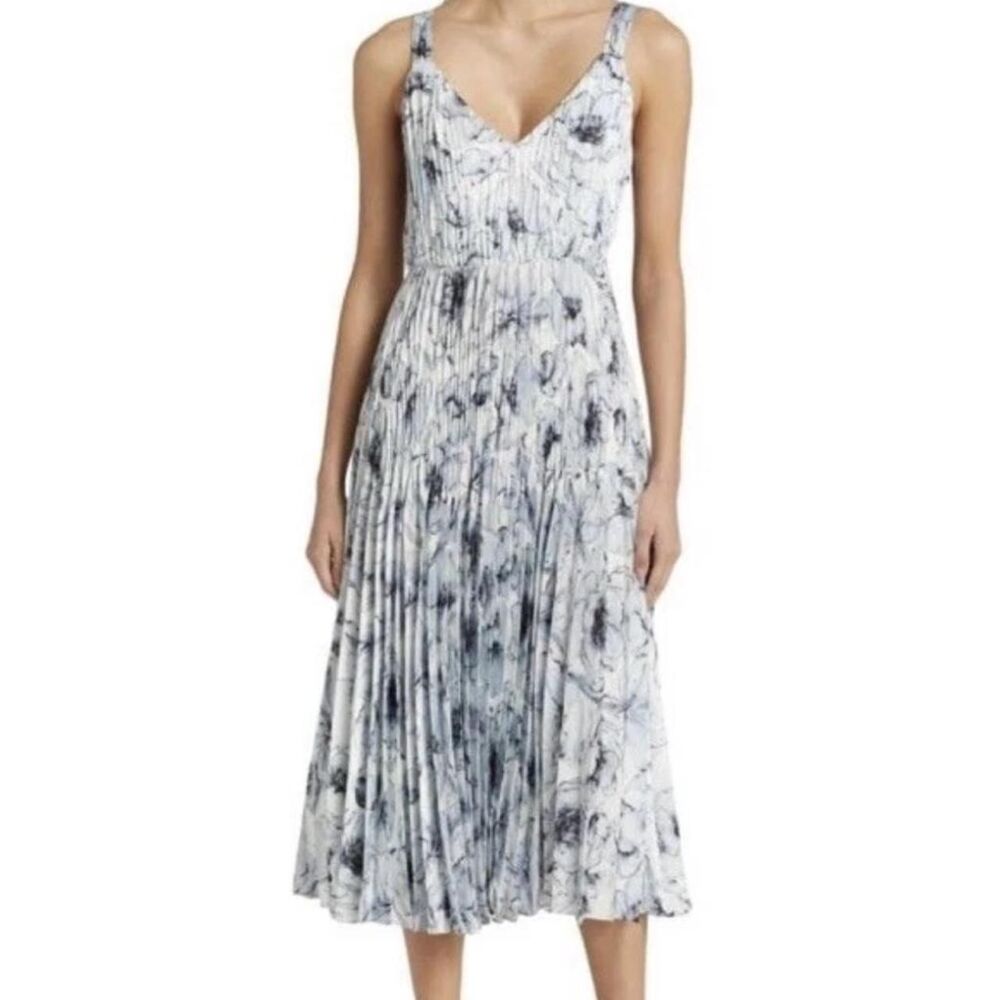Vince White and Gray Marble-Print Pleated Midi Dress